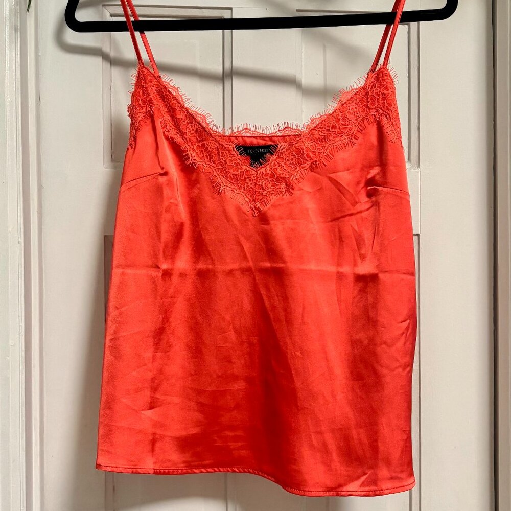 Forever 21 Red Satin Camisole – Size Small, Lace Detail, Never Worn